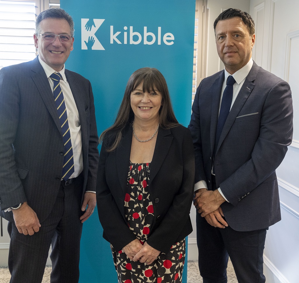 David Nairn, Claire Haughey MSP, Jim Gillespie at Kibble banner