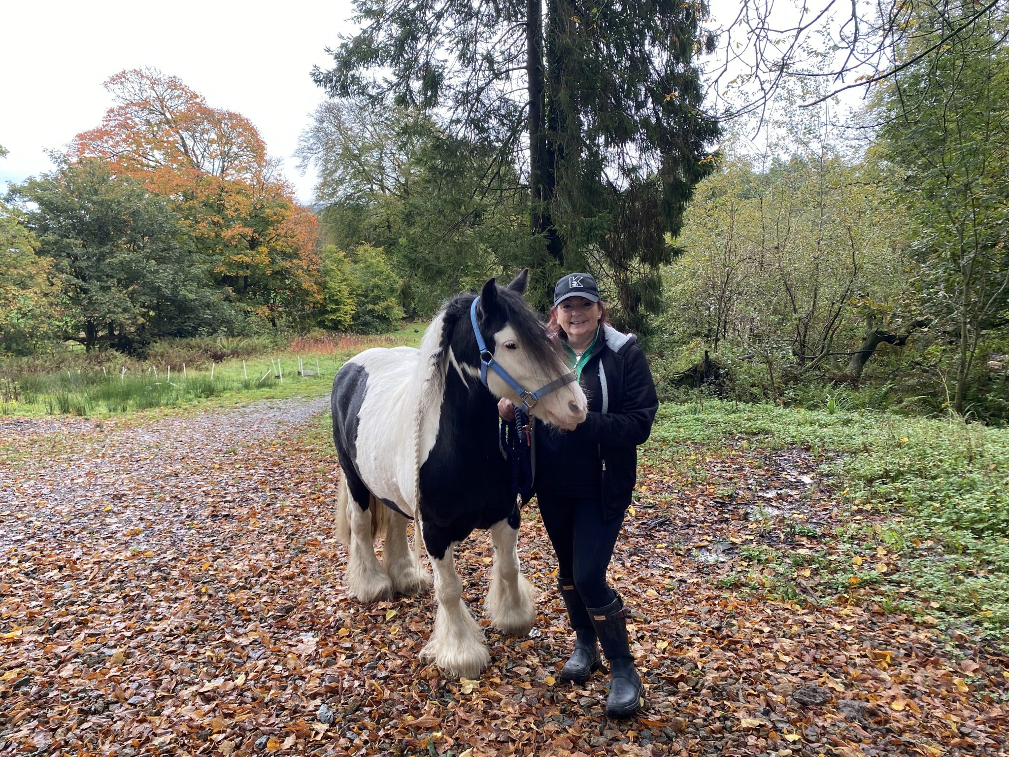 Woman on right standing beside white and dark horse with forest behind